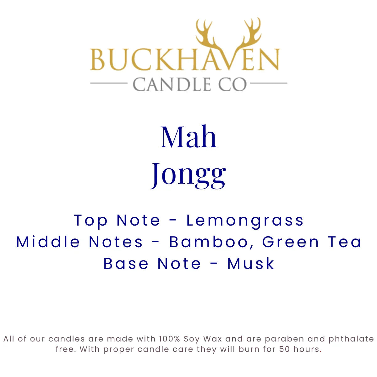 Mah Jongg soy candle scent notes: lemongrass, bamboo, green tea, musk; natural ingredients.