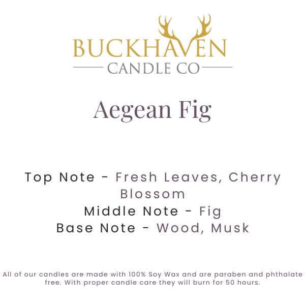Aegean Fig candle scent card with note descriptions: fresh leaves, cherry blossom, fig, wood, musk.