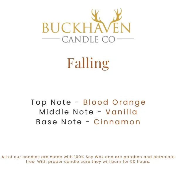 Falling scented candle scent card with blood orange, vanilla, and cinnamon notes listed.