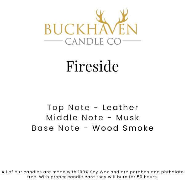 Fireside scented candle notes card with leather, musk, and wood smoke fragrance details.
