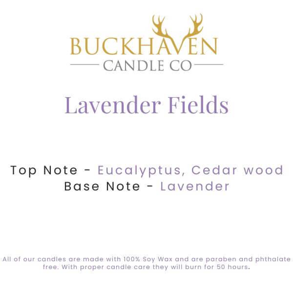 Lavender Fields scent card highlighting eucalyptus, cedar wood, and lavender notes.