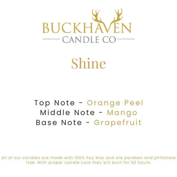 Scent card for Shine candle with notes of orange peel, mango, and grapefruit.