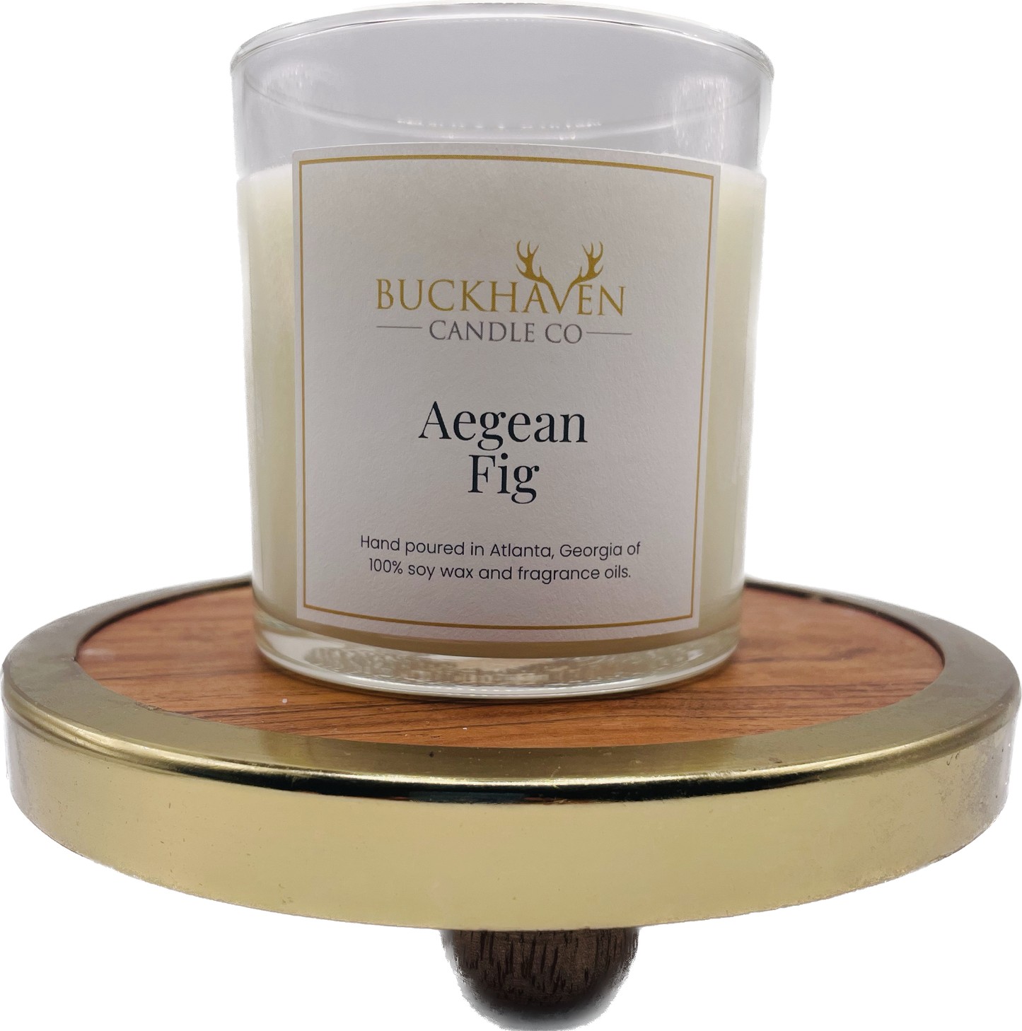 Aegean Fig candle atop sitting on wooden base