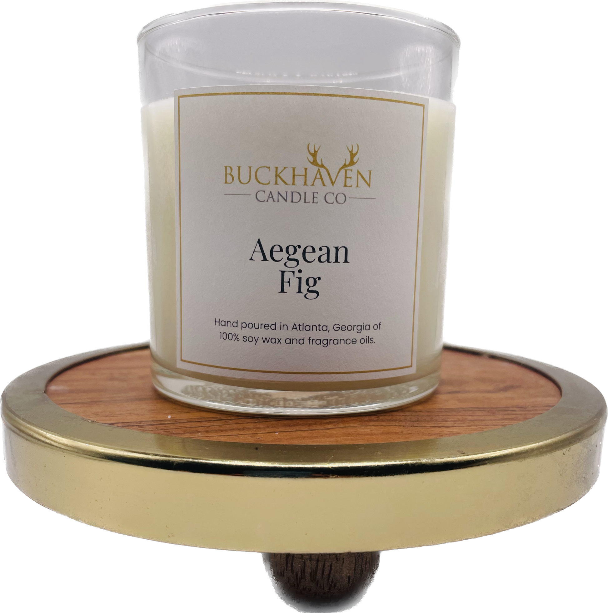 Aegean Fig candle atop sitting on wooden base