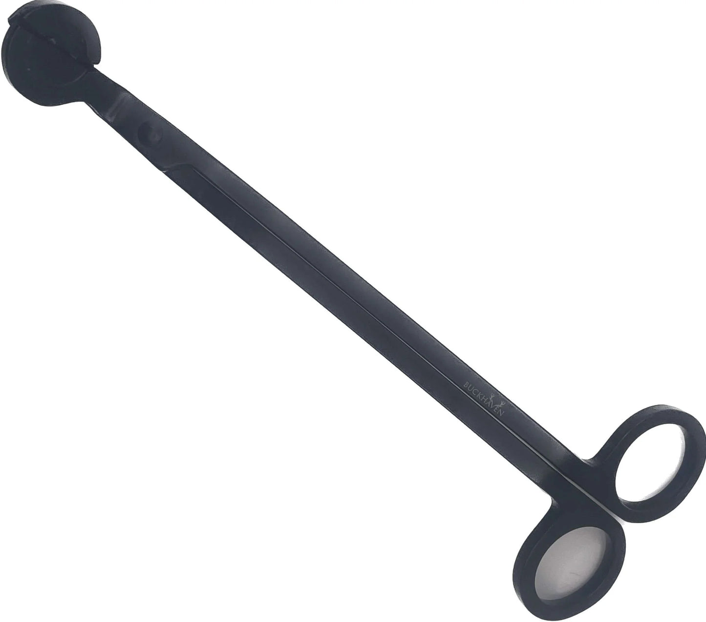 Black metal candle wick trimmer with rounded cutting blades on a white background